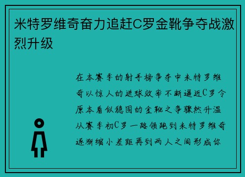 米特罗维奇奋力追赶C罗金靴争夺战激烈升级