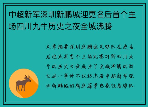 中超新军深圳新鹏城迎更名后首个主场四川九牛历史之夜全城沸腾 中超新军深圳新鹏城迎更名后首个主场四川九牛历史之夜全城沸腾